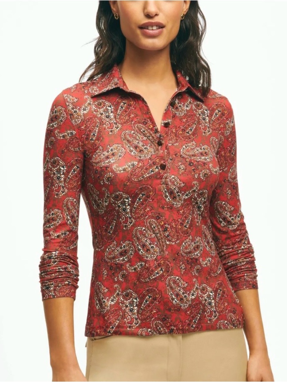 NWT! Brooks Brothers Womens Paisley Long Sleeve Polo Shirt Red Brown Large Top